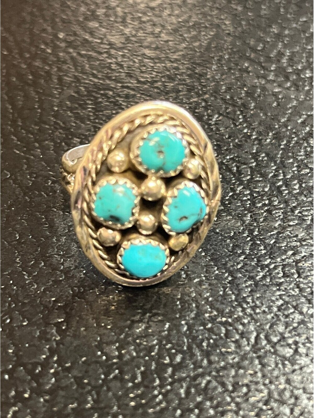 Navajo handmade cluster turquoise sterling silver inlay ring size 8
